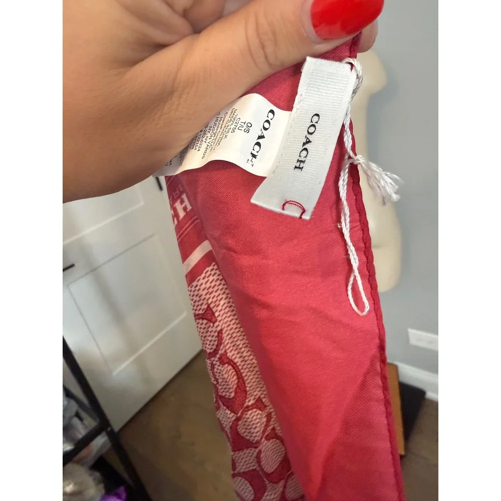 Coach Red White Signature C Logo 100% Silk Square Scarf C2755